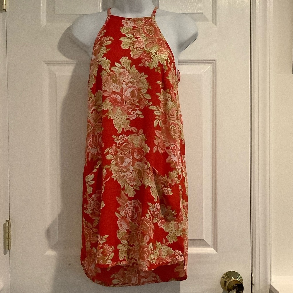 LUCY LOVE High Neck Red/Gold Floral  Glam Cocktail Classy Wedding Guest Dress XS